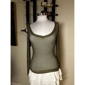 We The Free Free People Olive Green Open Knit Long Sleeve Scoop Neck Top XS